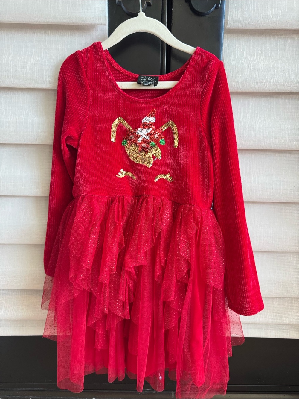 Girls Red Sequin Reindeer Tulle Dress by